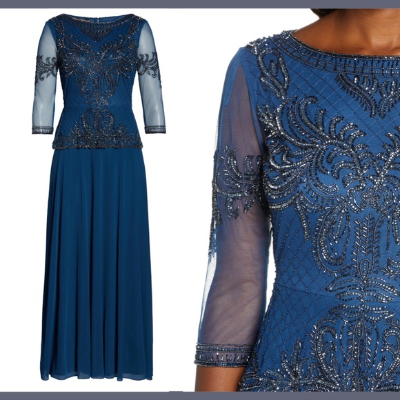 NEW Pisarro Nights Beaded Mock Peplum Gown Blue 8 - Picture 3 of 11